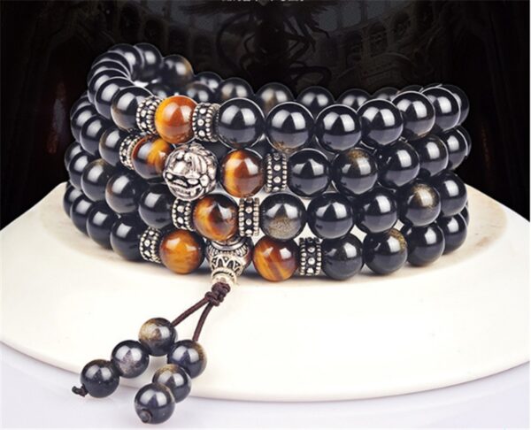 Natural Gold Obsidian Bracelet 108 Buddha Beads With Tibetan Silver Round Beads - Image 4