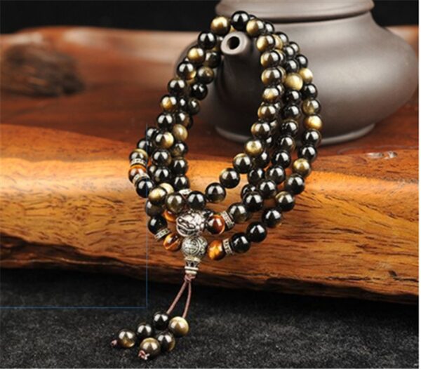 Natural Gold Obsidian Bracelet 108 Buddha Beads With Tibetan Silver Round Beads - Image 5